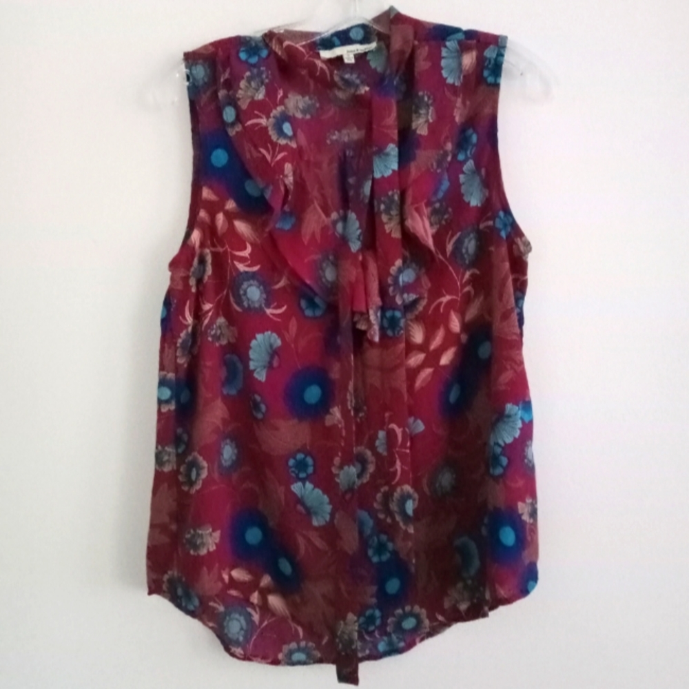 June & Hudson Floral Sleeveless Neck Tie Ruffle Blouse Top M